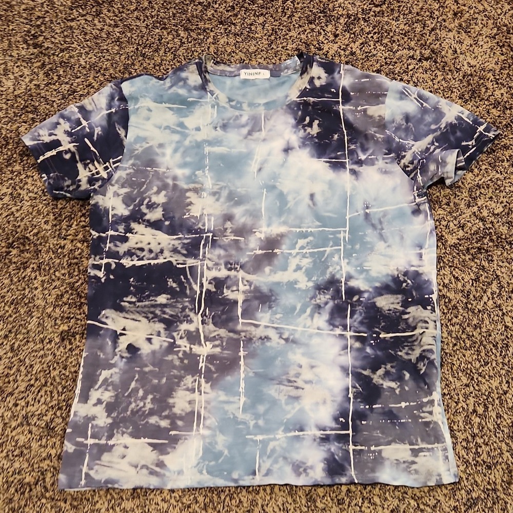 YININF Men's T-Shirt Abstract Graphic, Blue White, Crew Neck, Size L